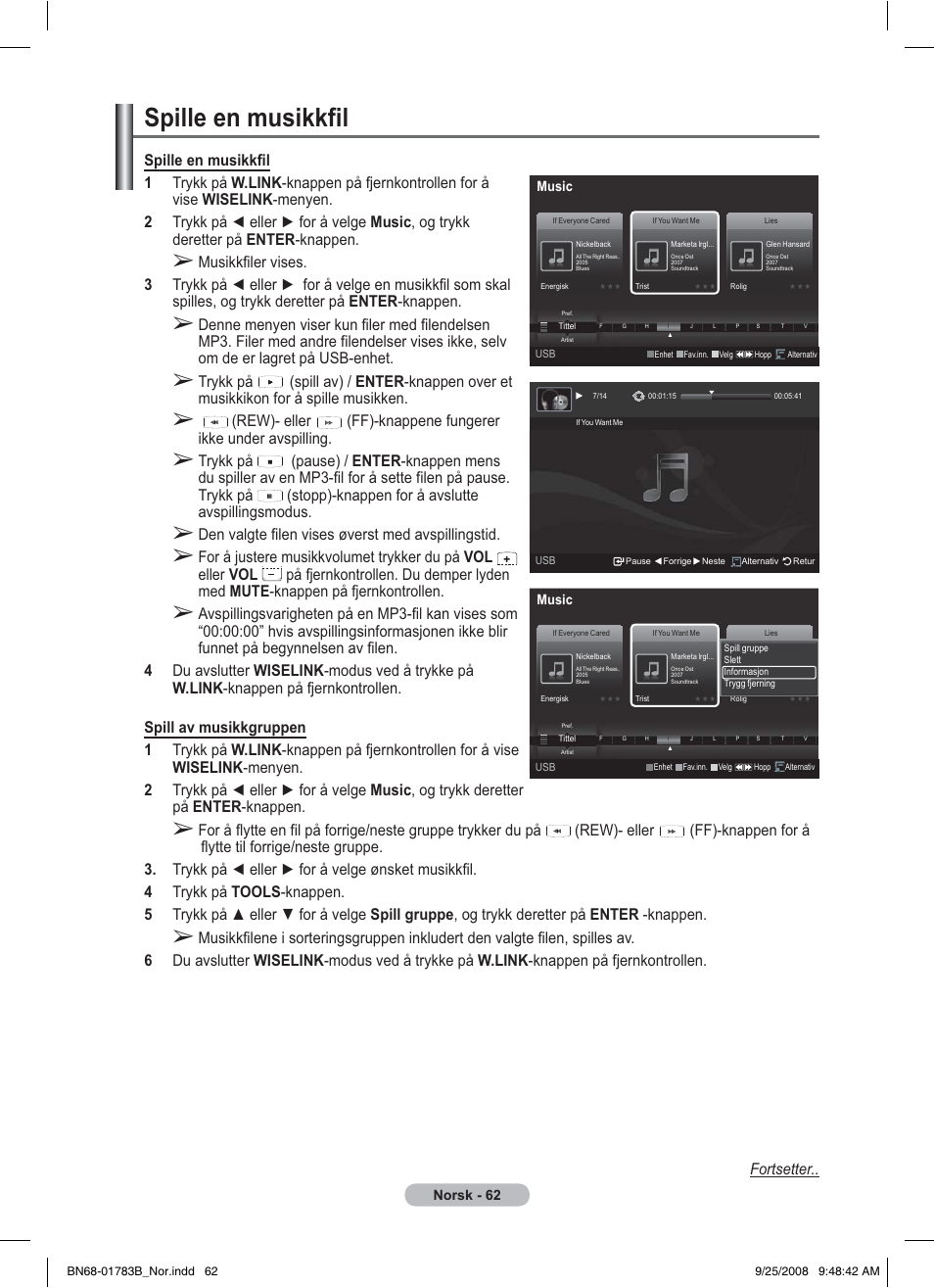 Spille en musikkfil | Samsung BN68-01783B-00 User Manual | Page 219 / 389