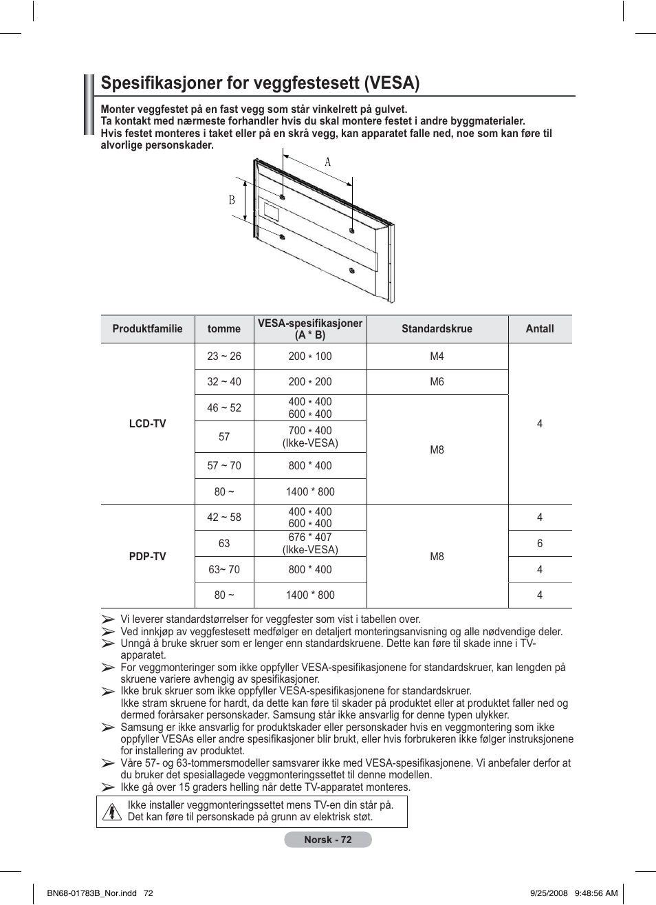 Spesifikasjoner for veggfestesett (vesa) | Samsung BN68-01783B-00 User Manual | Page 229 / 389