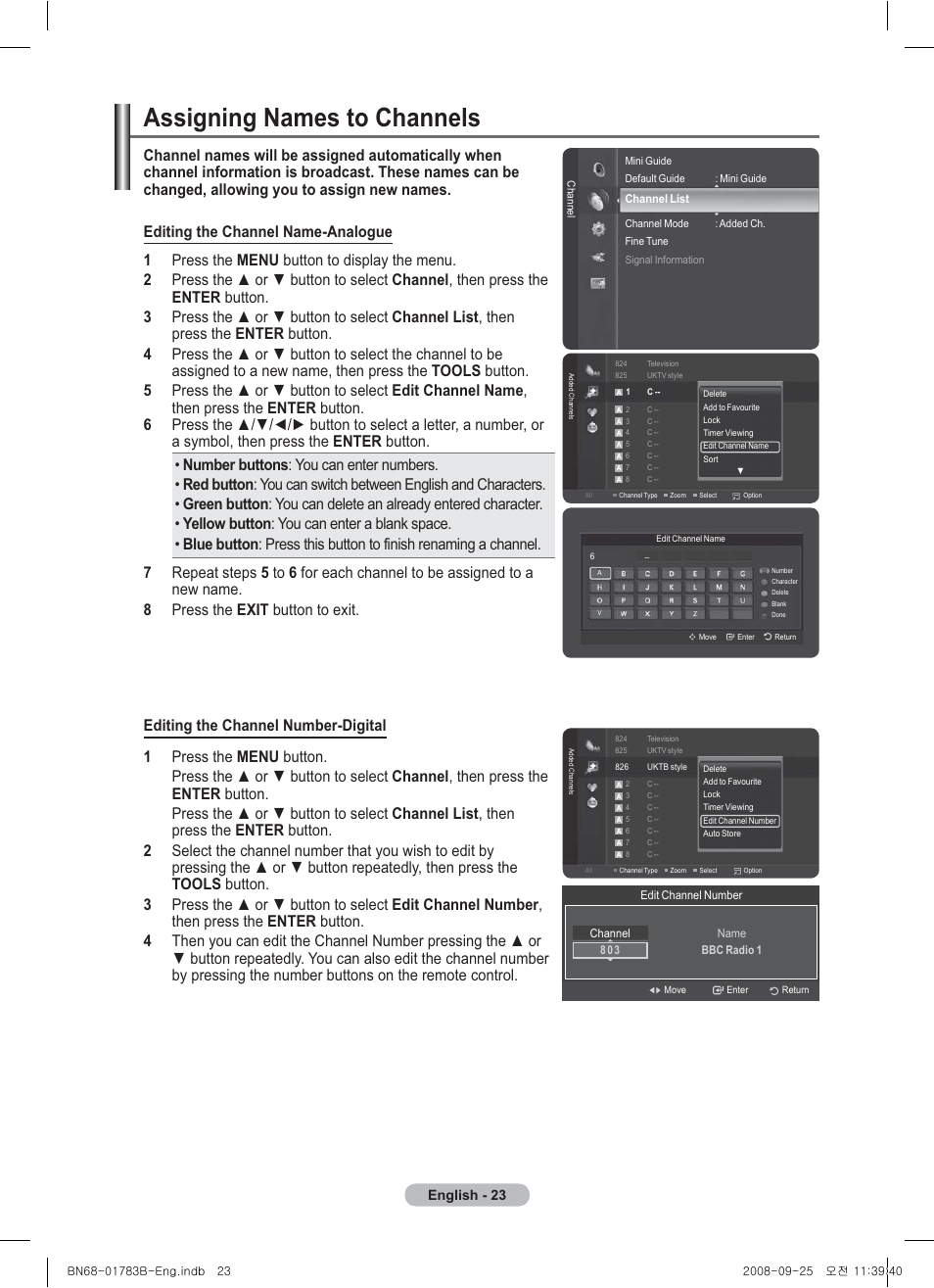 Assigning names to channels, English - 23 | Samsung BN68-01783B-00 User Manual | Page 23 / 389