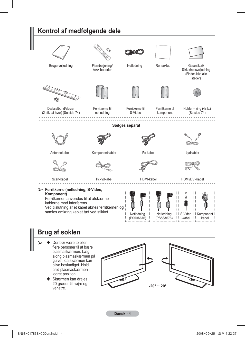 Kontrol af medfølgende dele, Brug af soklen | Samsung BN68-01783B-00 User Manual | Page 238 / 389