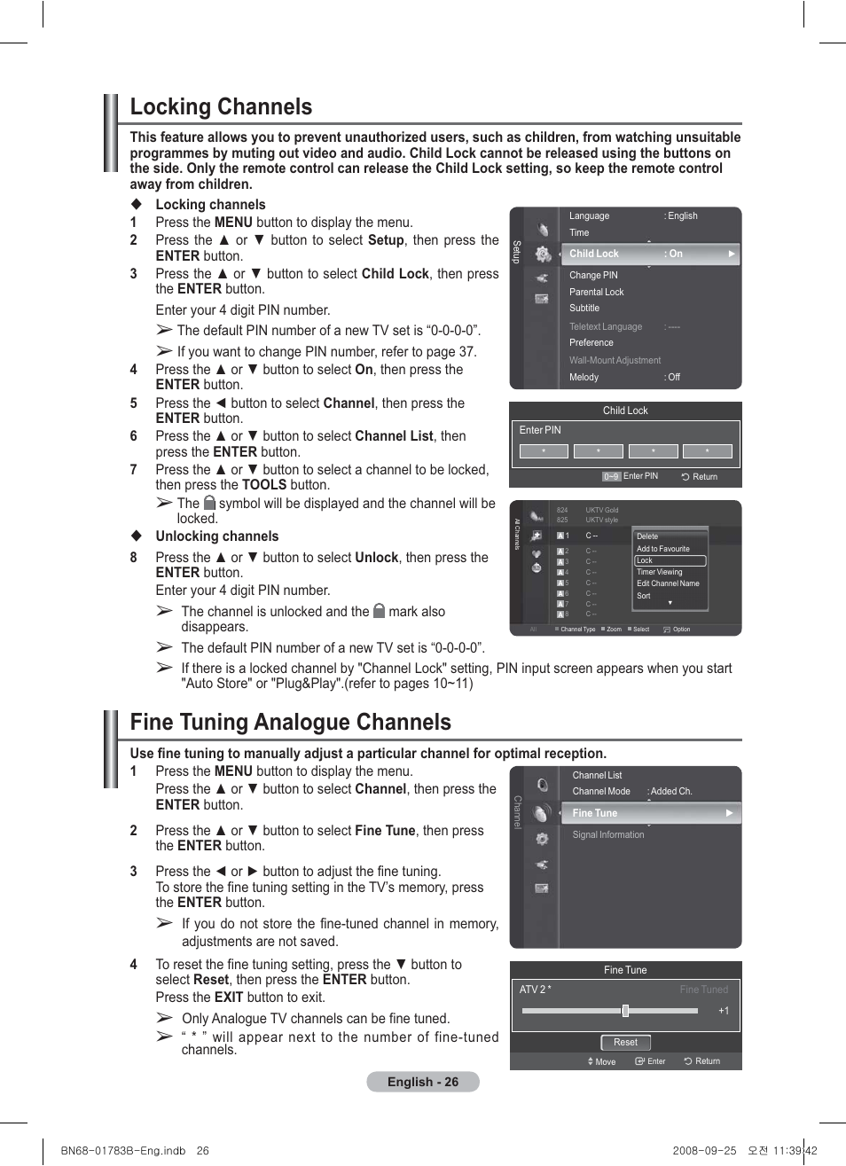 Locking channels, Fine tuning analogue channels | Samsung BN68-01783B-00 User Manual | Page 26 / 389