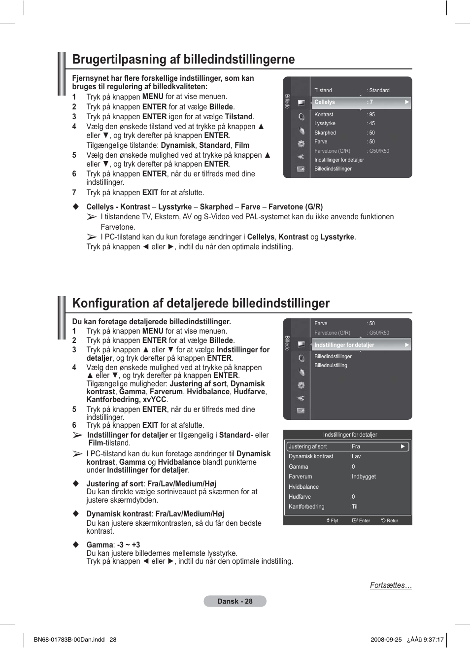 Konfiguration af detaljerede billedindstillinger, Brugertilpasning af billedindstillingerne | Samsung BN68-01783B-00 User Manual | Page 262 / 389