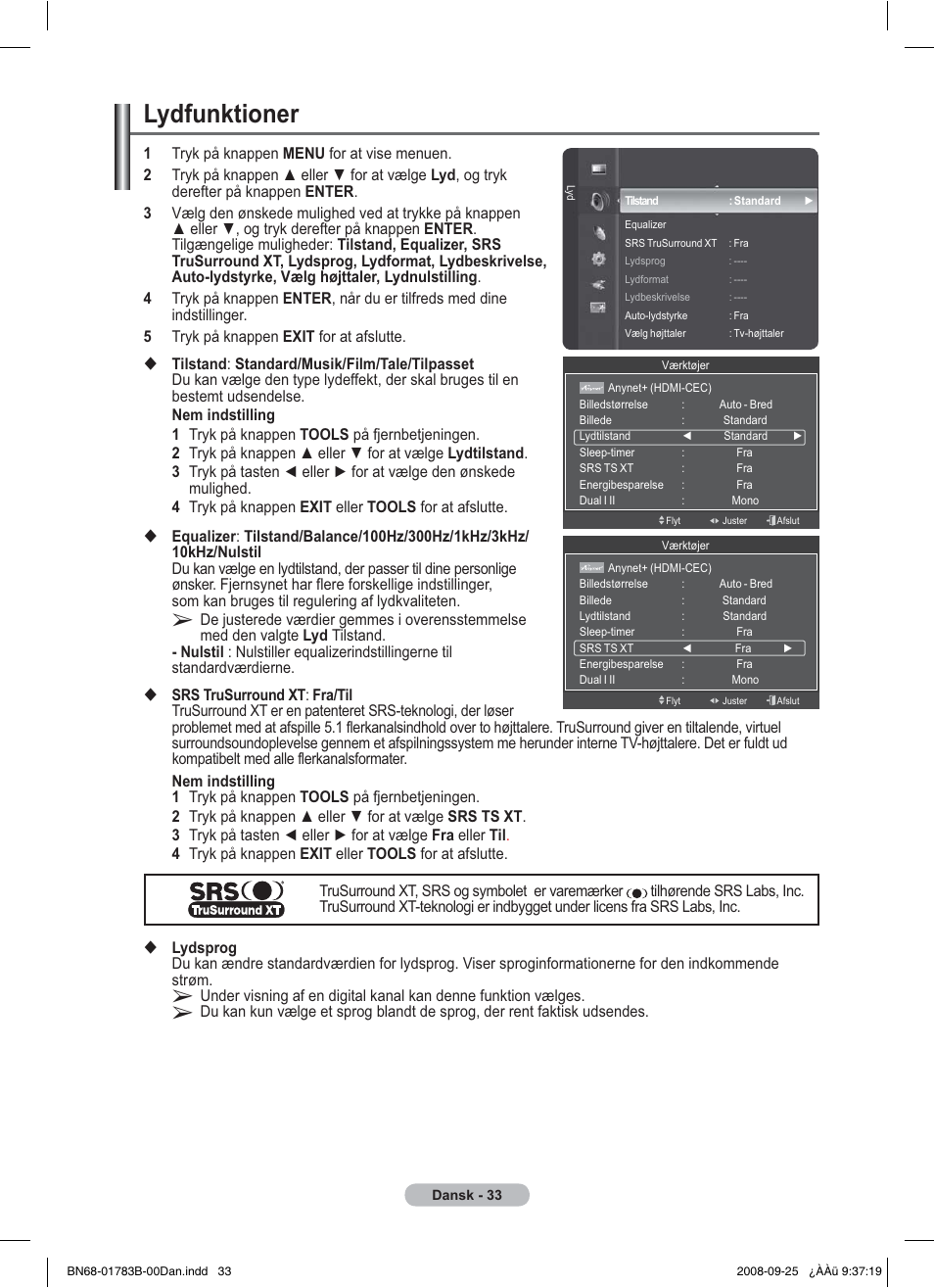 Lydfunktioner | Samsung BN68-01783B-00 User Manual | Page 267 / 389