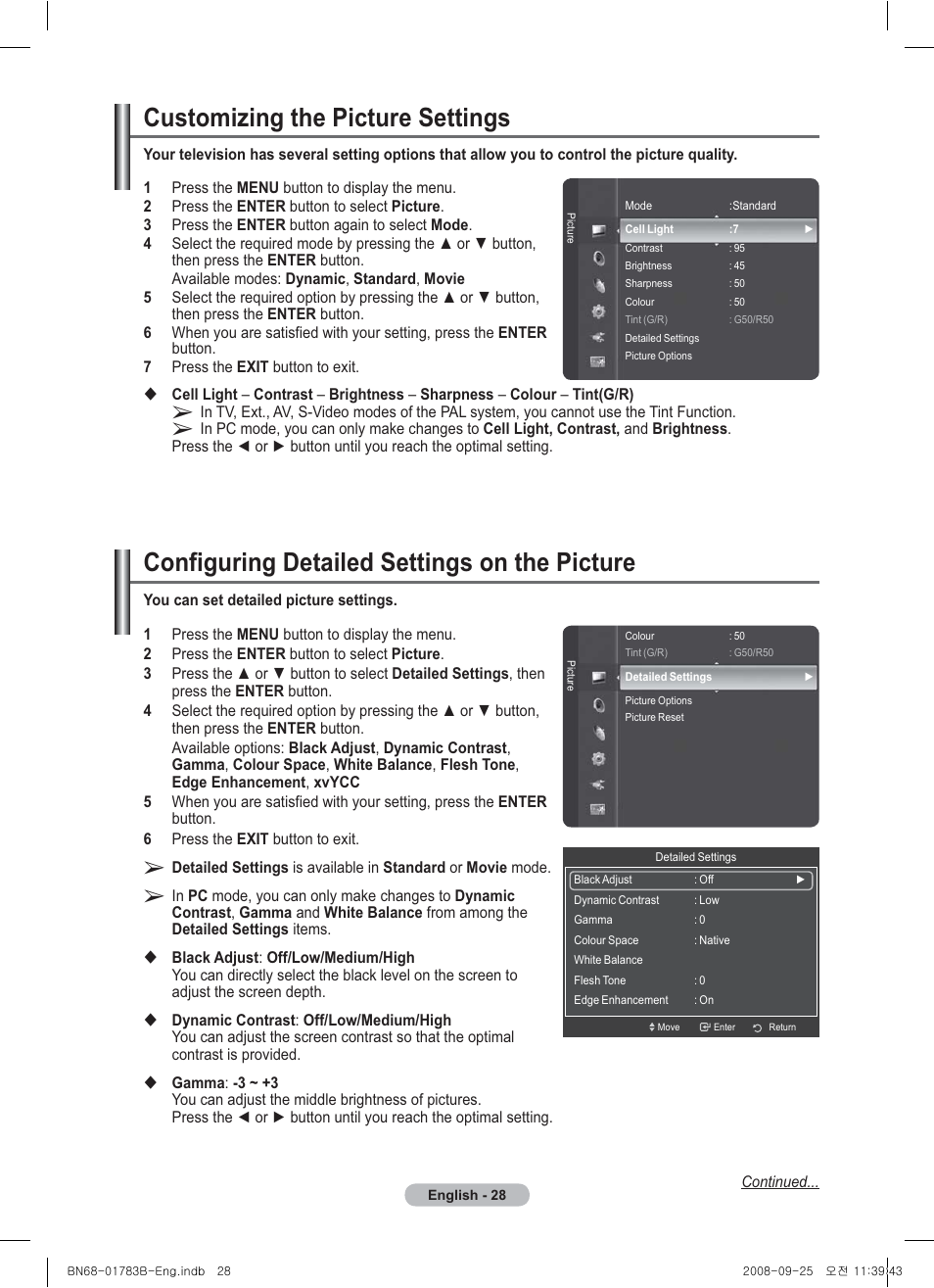 Customizing the picture settings, Configuring detailed settings on the picture | Samsung BN68-01783B-00 User Manual | Page 28 / 389