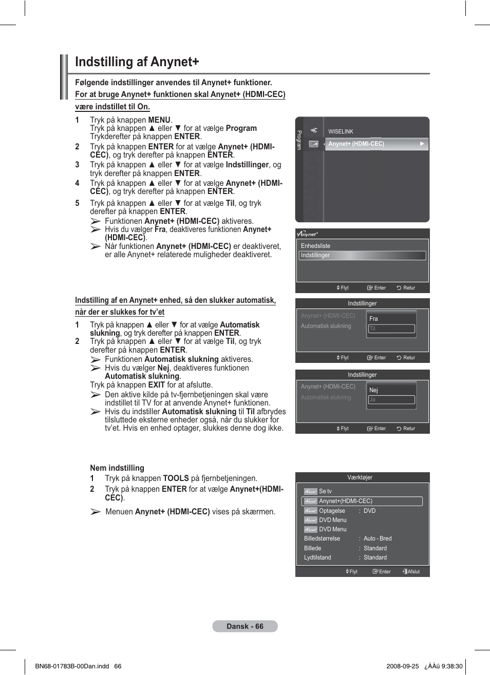 Indstilling af anynet | Samsung BN68-01783B-00 User Manual | Page 300 / 389