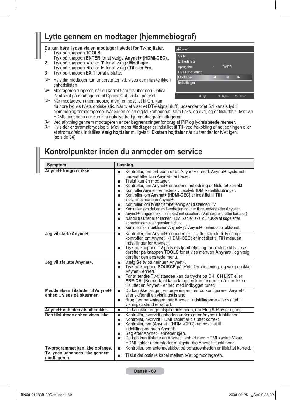 Lytte gennem en modtager (hjemmebiograf), Kontrolpunkter inden du anmoder om service | Samsung BN68-01783B-00 User Manual | Page 303 / 389