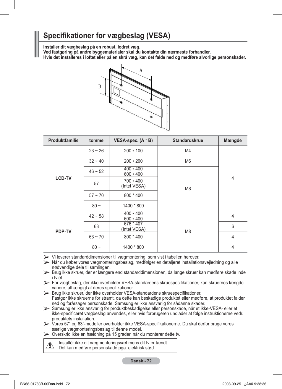 Specifikationer for vægbeslag (vesa) | Samsung BN68-01783B-00 User Manual | Page 306 / 389