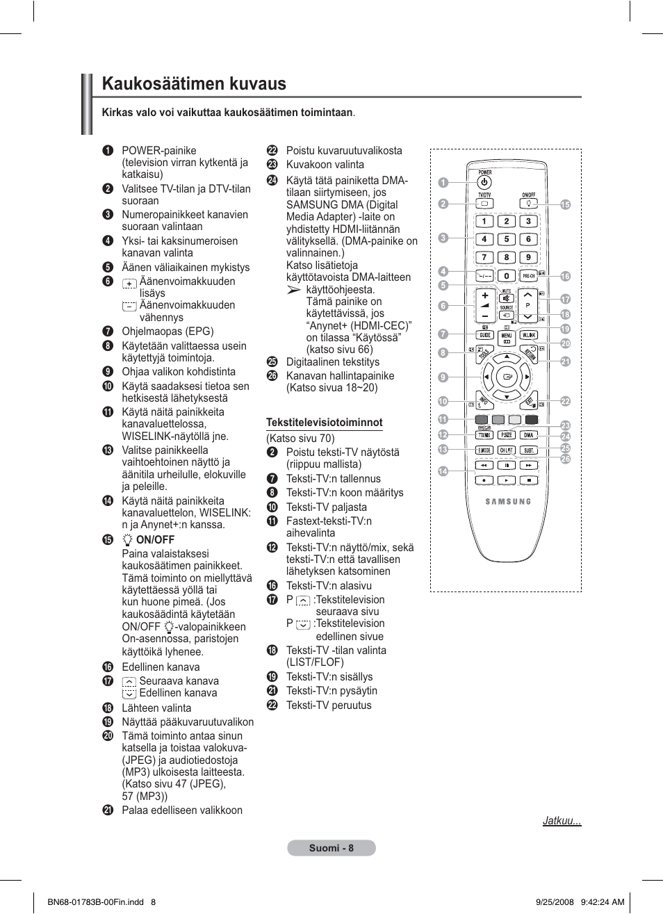 Kaukosäätimen kuvaus | Samsung BN68-01783B-00 User Manual | Page 319 / 389