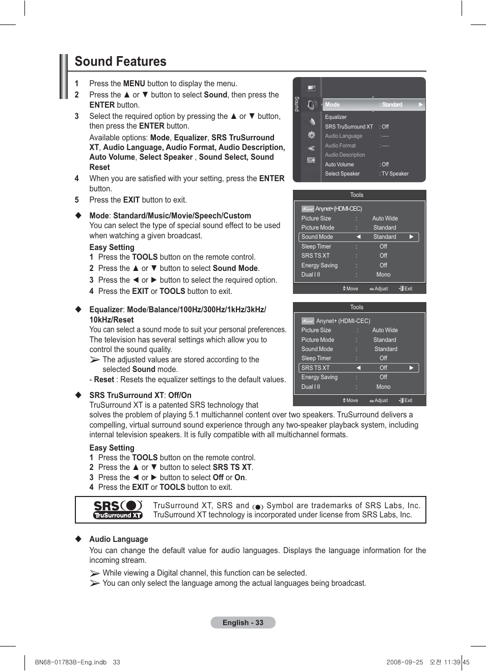 Sound features | Samsung BN68-01783B-00 User Manual | Page 33 / 389