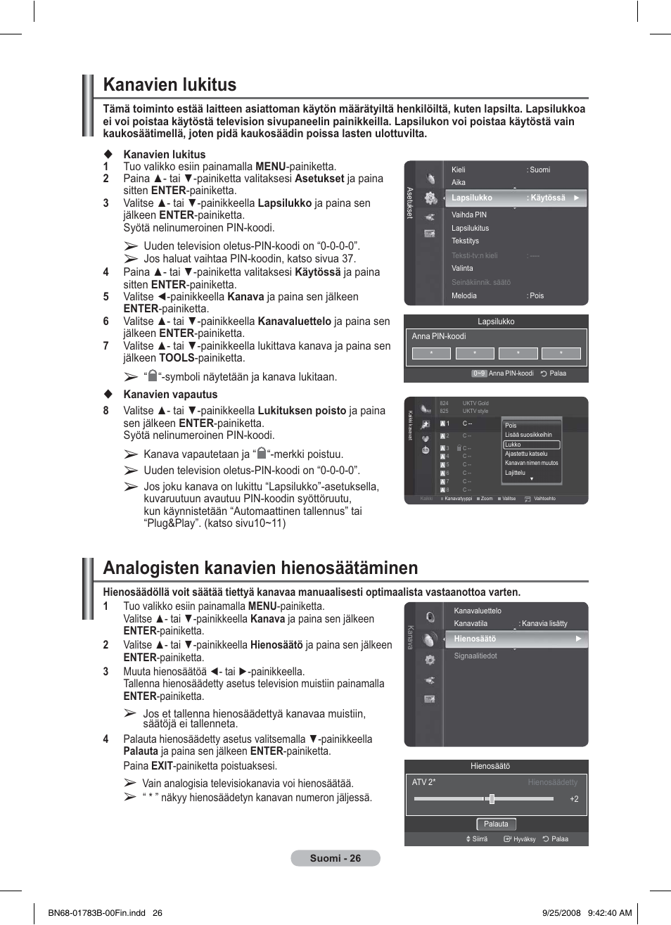 Kanavien lukitus, Analogisten kanavien hienosäätäminen | Samsung BN68-01783B-00 User Manual | Page 337 / 389