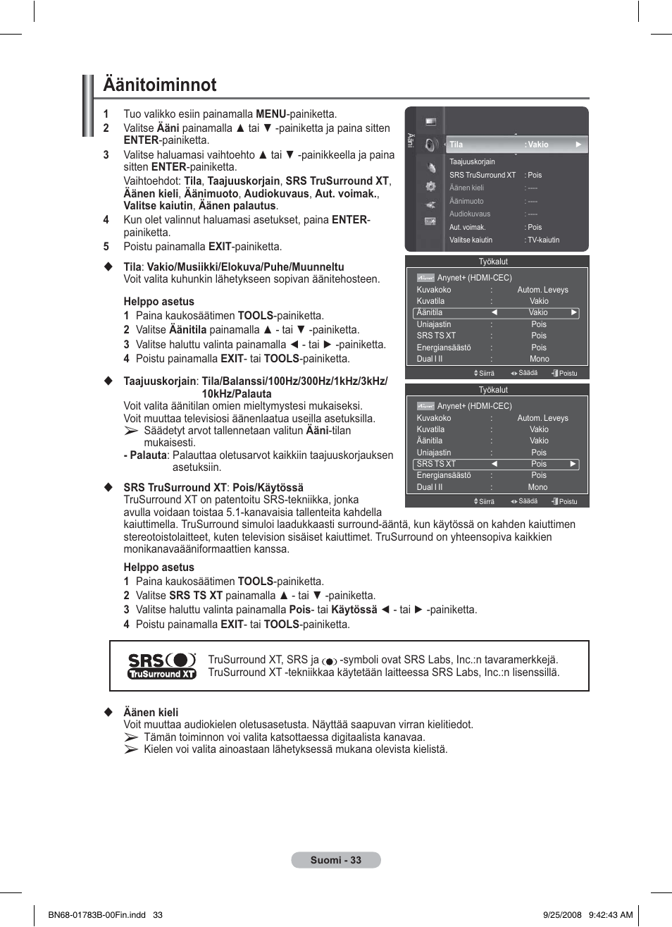 Äänitoiminnot | Samsung BN68-01783B-00 User Manual | Page 344 / 389
