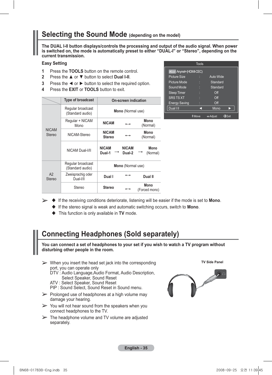 Selecting the sound mode (depending on the model), Connecting headphones (sold separately), Selecting the sound mode | Samsung BN68-01783B-00 User Manual | Page 35 / 389