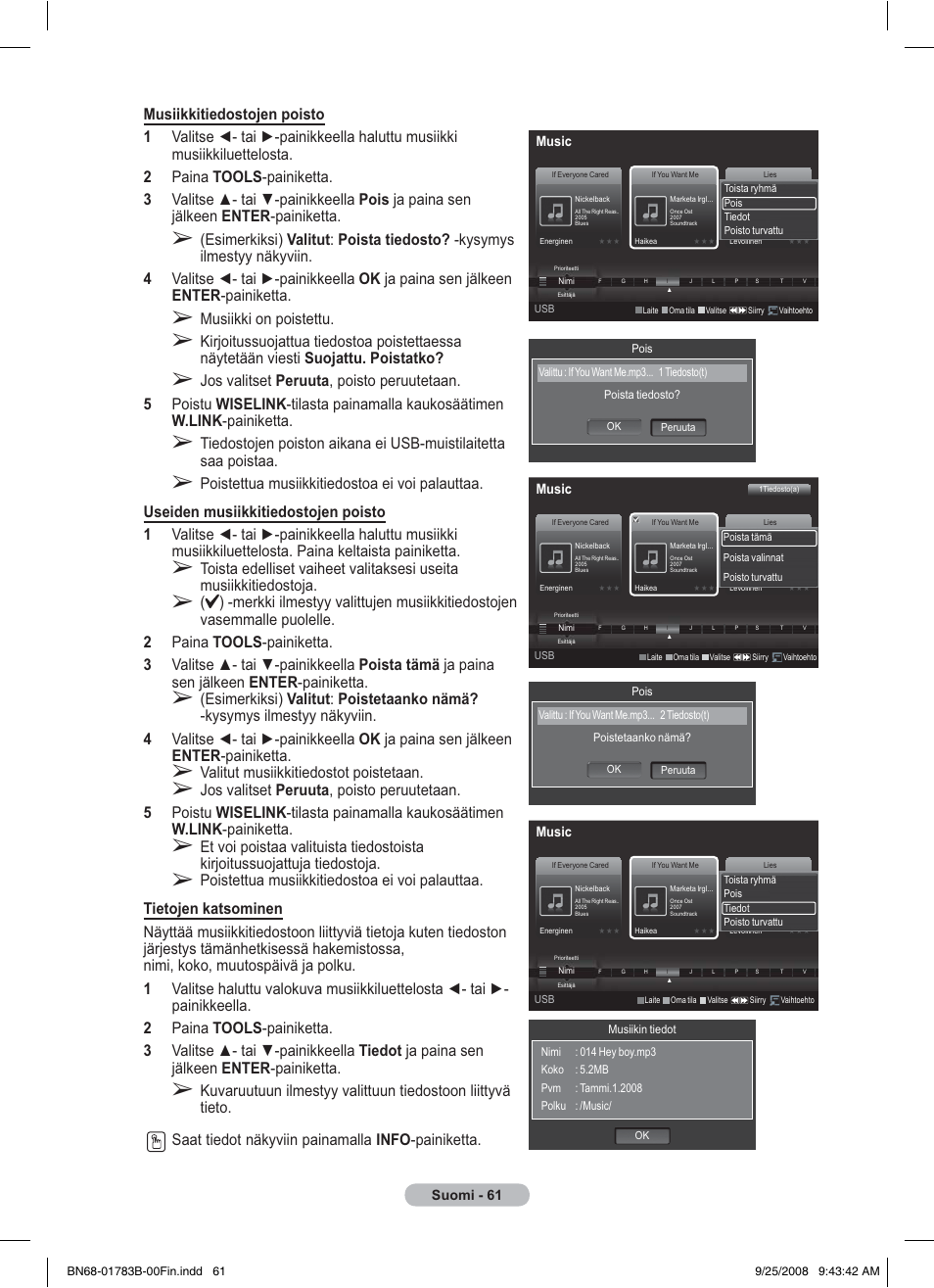Musiikki on poistettu, Valitut musiikkitiedostot poistetaan | Samsung BN68-01783B-00 User Manual | Page 372 / 389