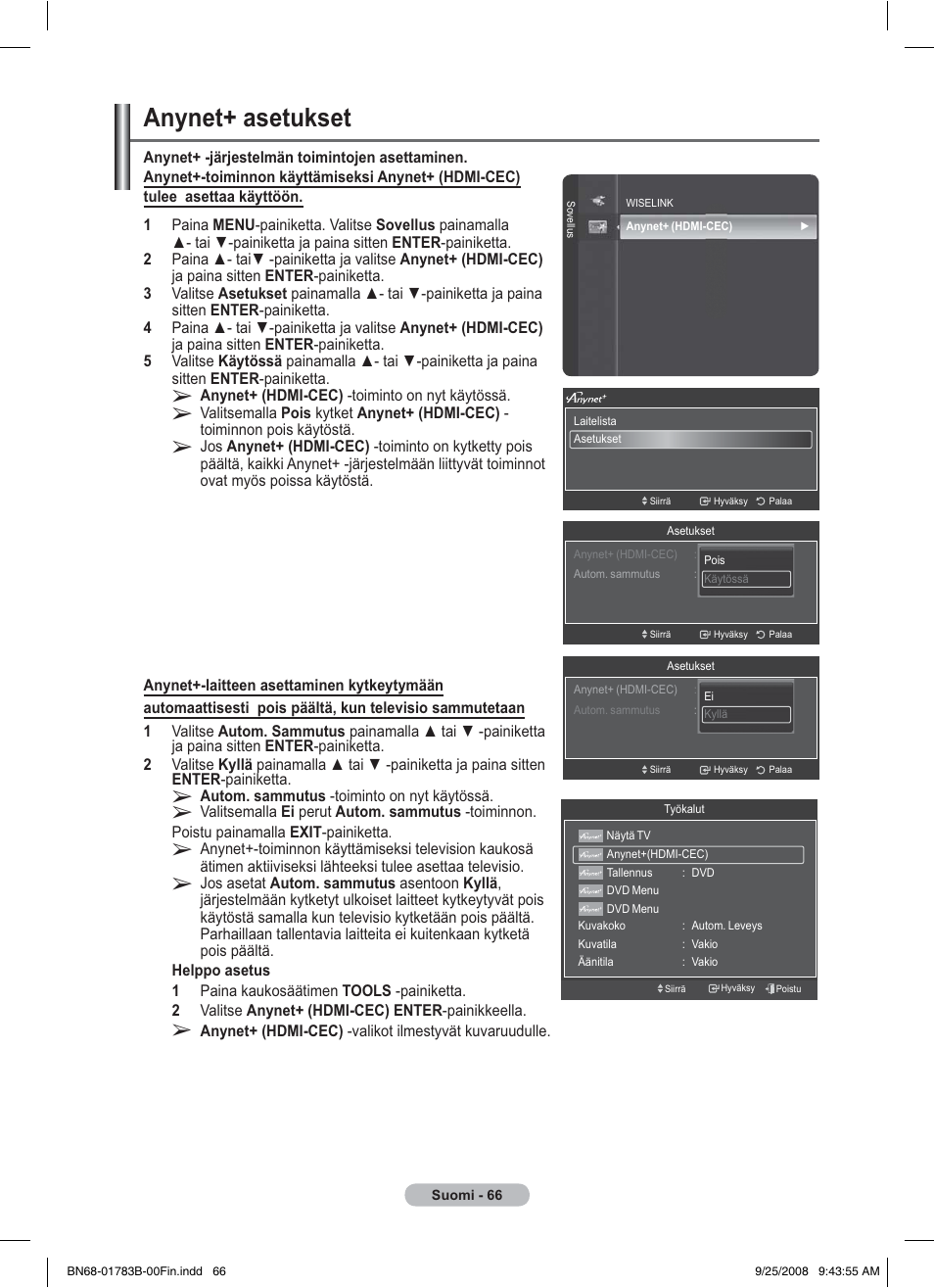 Anynet+ asetukset | Samsung BN68-01783B-00 User Manual | Page 377 / 389