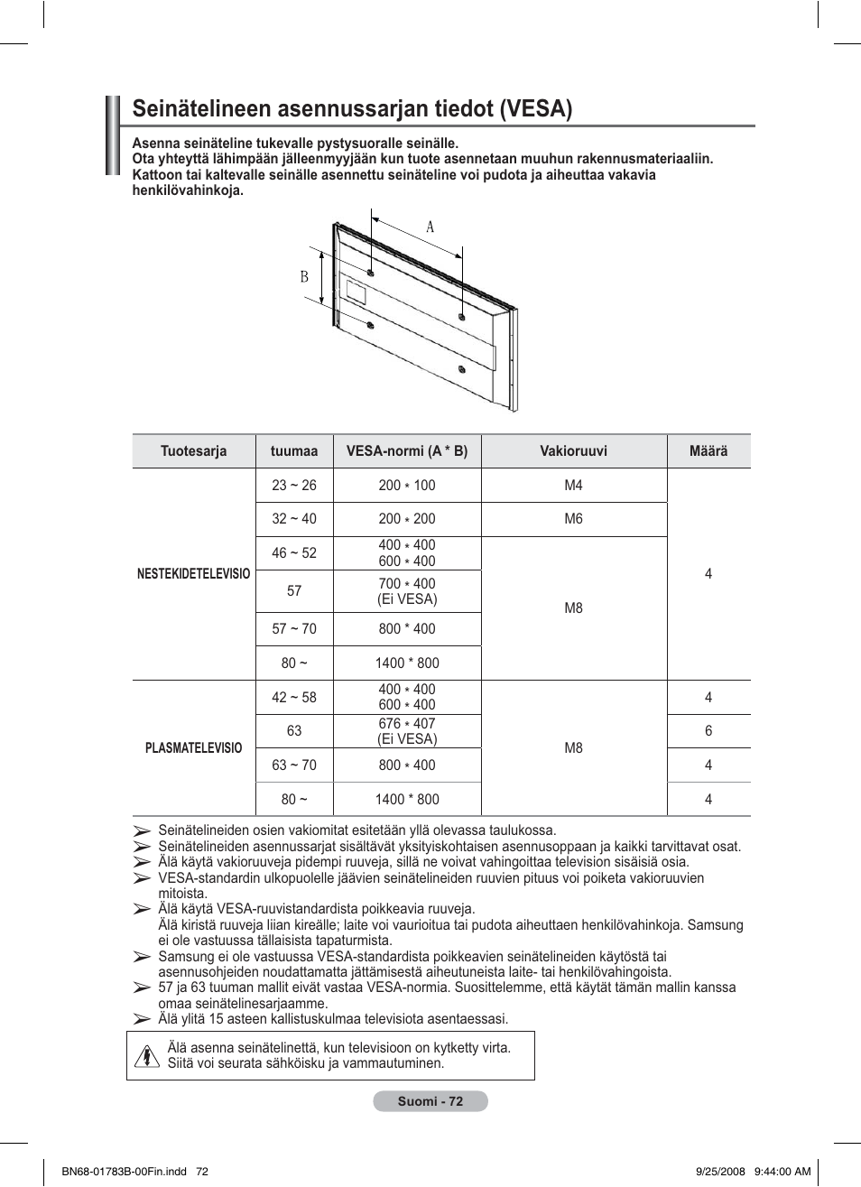 Seinätelineen asennussarjan tiedot (vesa) | Samsung BN68-01783B-00 User Manual | Page 383 / 389