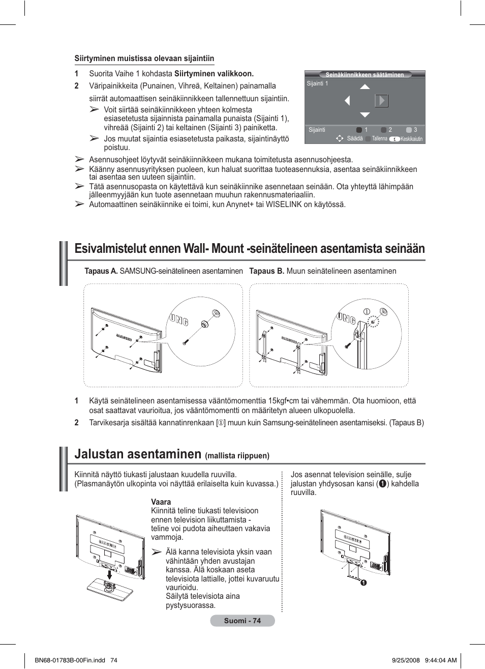 Jalustan asentaminen | Samsung BN68-01783B-00 User Manual | Page 385 / 389