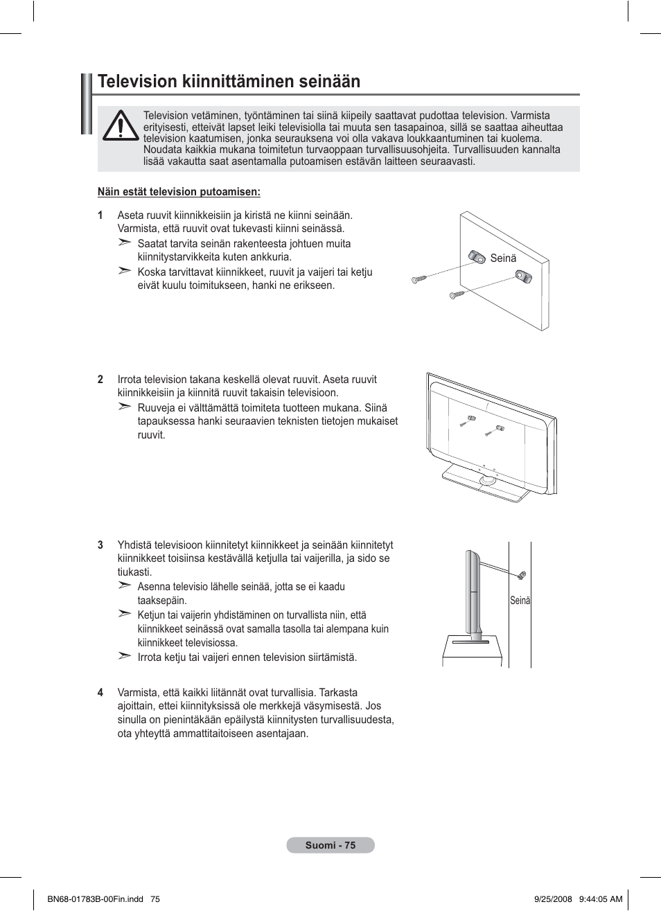 Television kiinnittäminen seinään | Samsung BN68-01783B-00 User Manual | Page 386 / 389