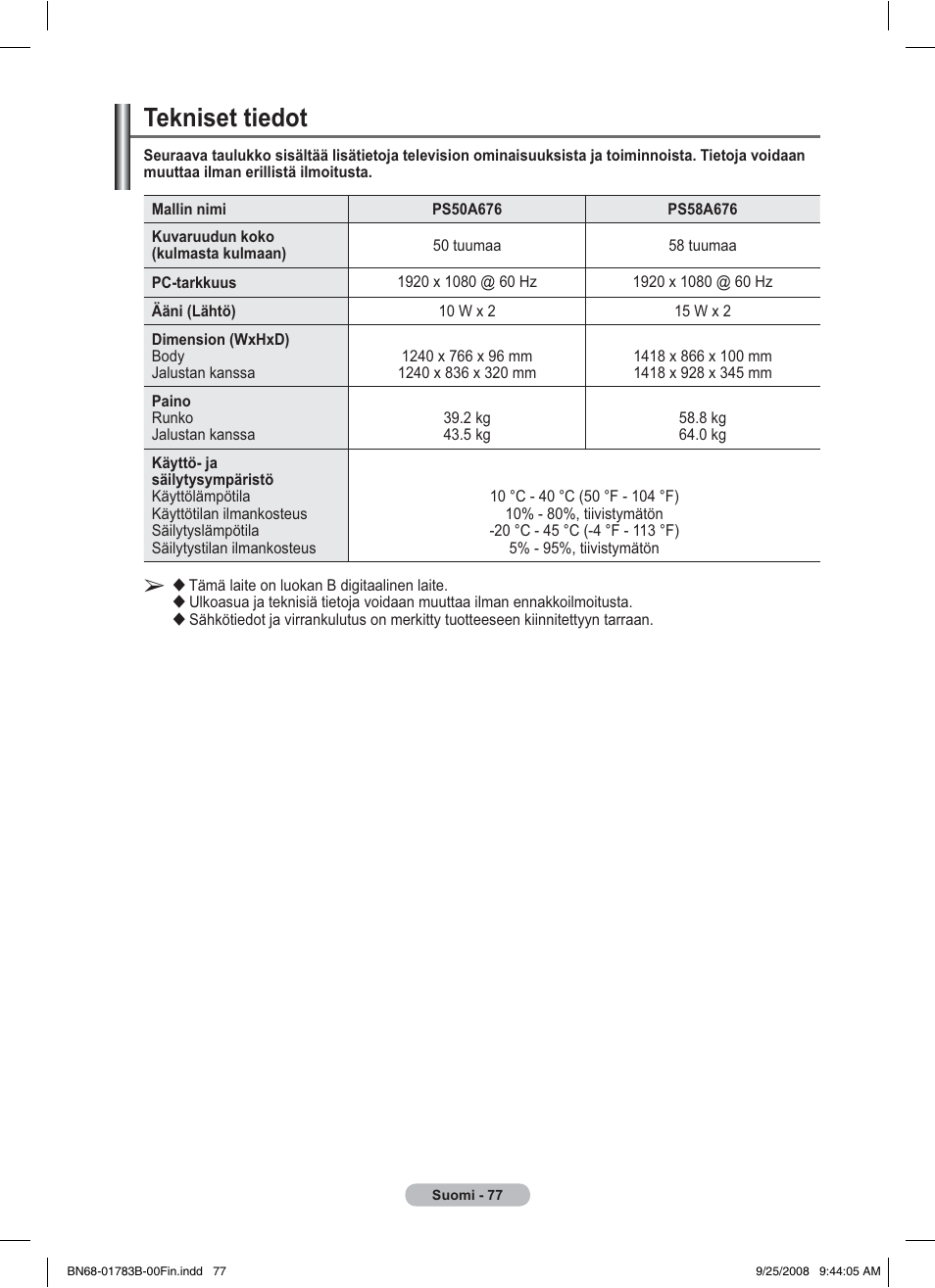 Tekniset tiedot | Samsung BN68-01783B-00 User Manual | Page 388 / 389
