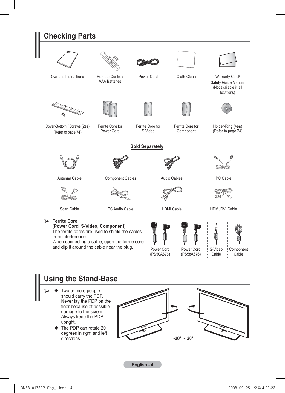 Checking parts, Using the stand-base | Samsung BN68-01783B-00 User Manual | Page 4 / 389