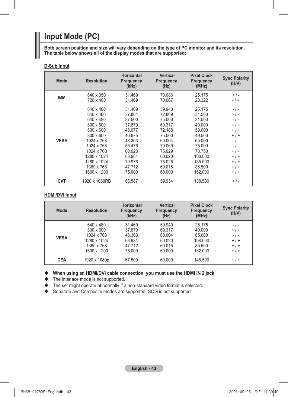 Input mode (pc) | Samsung BN68-01783B-00 User Manual | Page 43 / 389