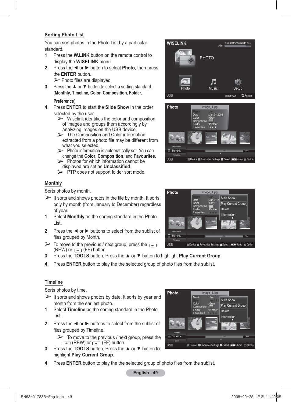 Monthly sorts photos by month, Ptp does not support folder sort mode | Samsung BN68-01783B-00 User Manual | Page 49 / 389