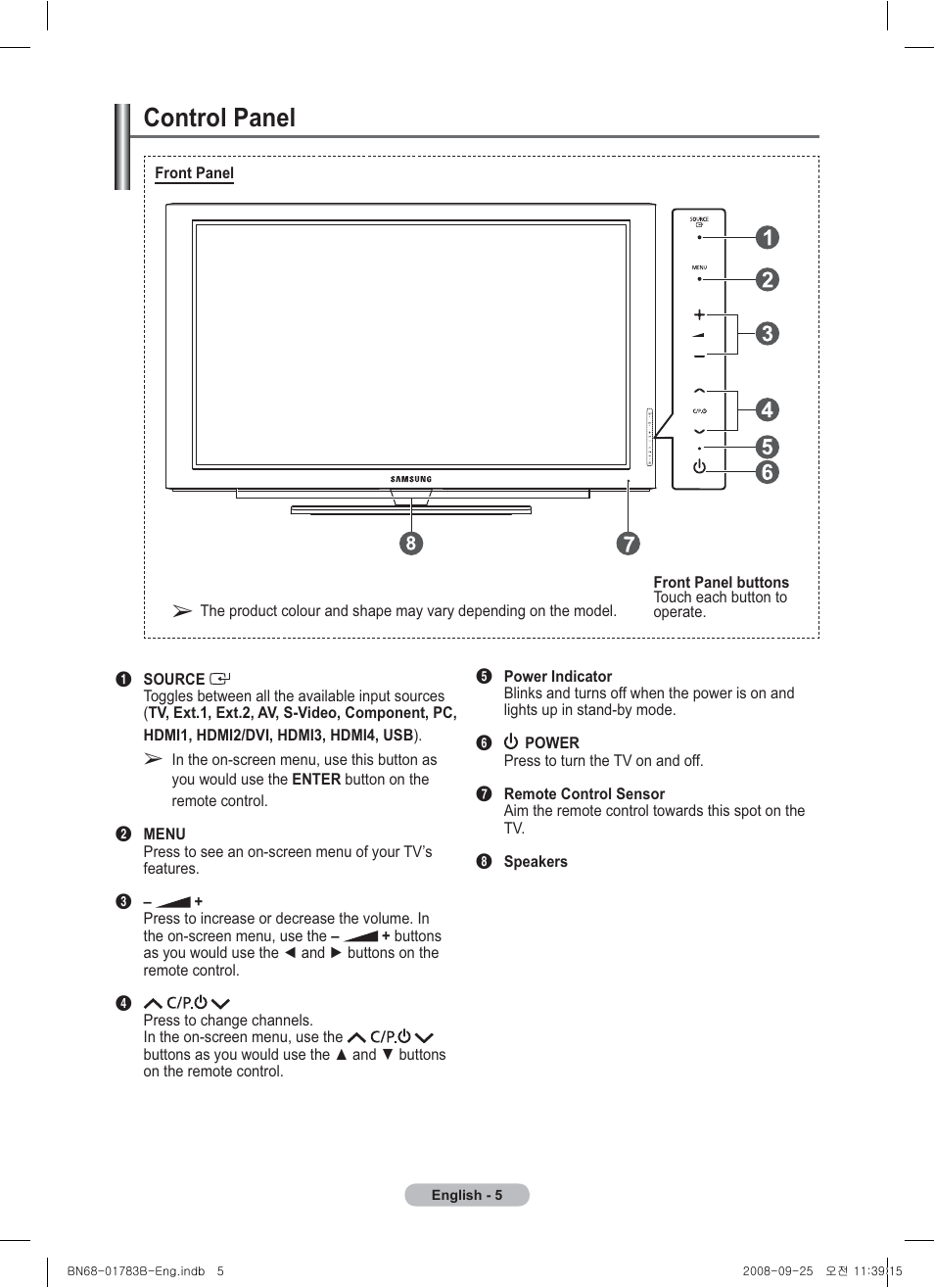 Control panel | Samsung BN68-01783B-00 User Manual | Page 5 / 389