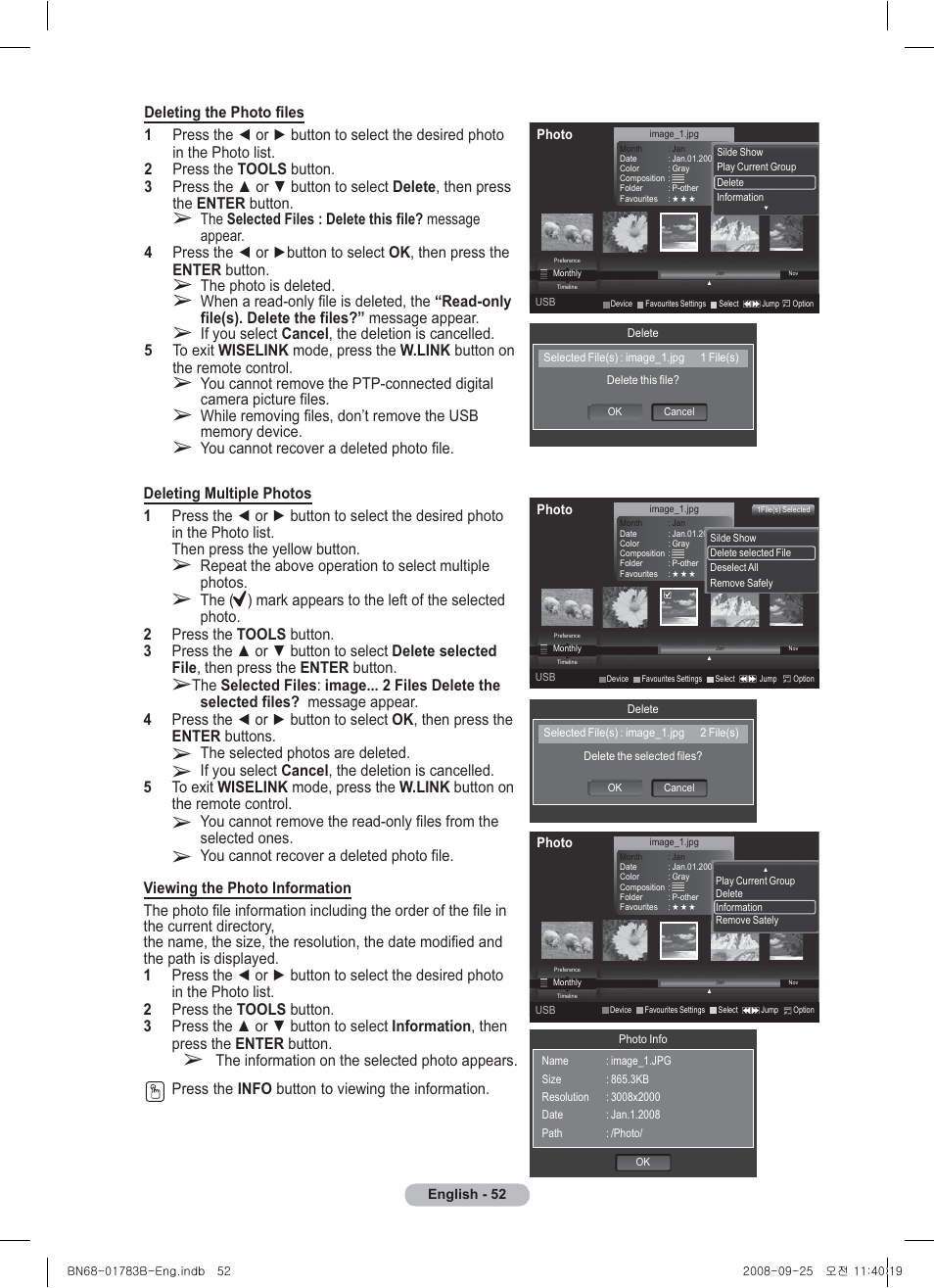 The selected photos are deleted, The photo is deleted, You cannot recover a deleted photo file | Samsung BN68-01783B-00 User Manual | Page 52 / 389