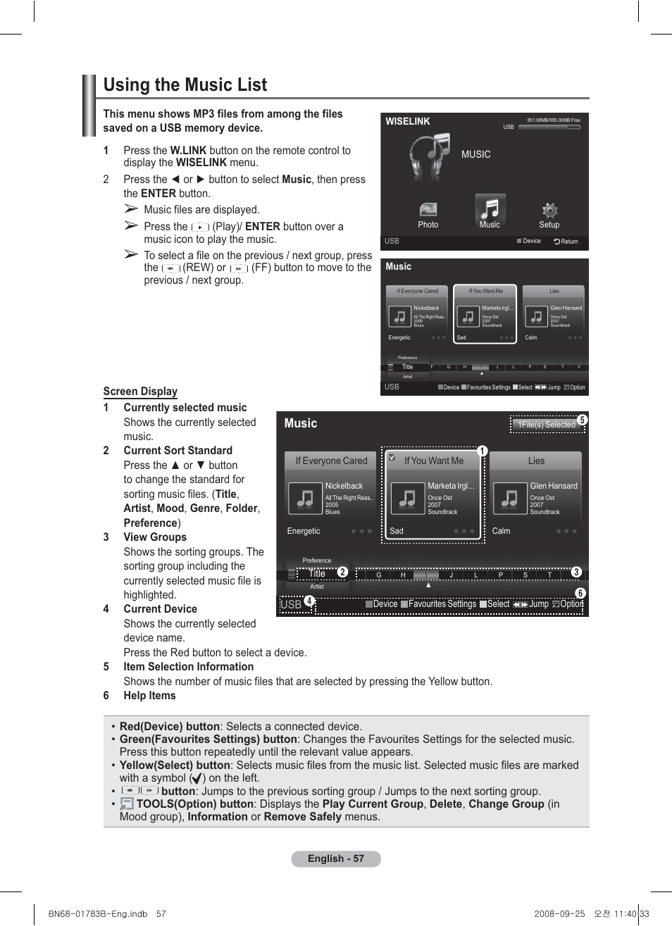 Using the music list, Music, Music files are displayed | Samsung BN68-01783B-00 User Manual | Page 57 / 389