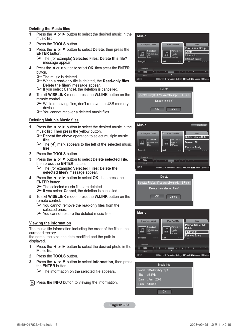 The music is deleted, The selected music files are deleted | Samsung BN68-01783B-00 User Manual | Page 61 / 389