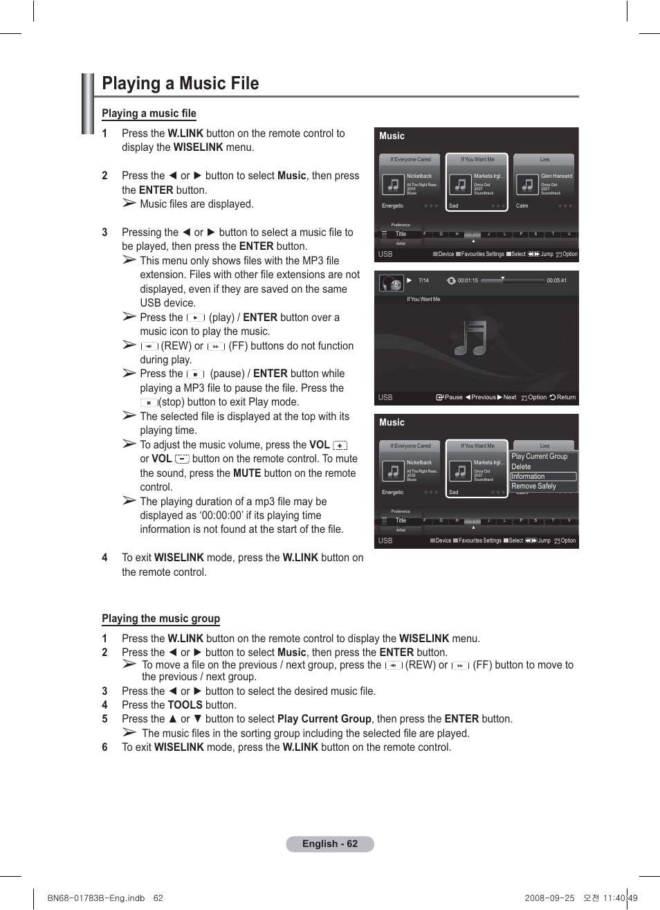 Playing a music file, Rew) or (ff) buttons do not function during play | Samsung BN68-01783B-00 User Manual | Page 62 / 389