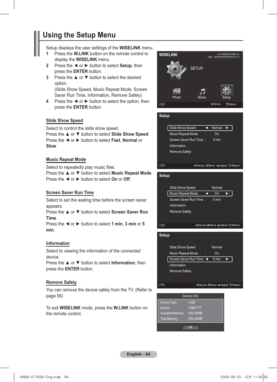 Using the setup menu | Samsung BN68-01783B-00 User Manual | Page 64 / 389
