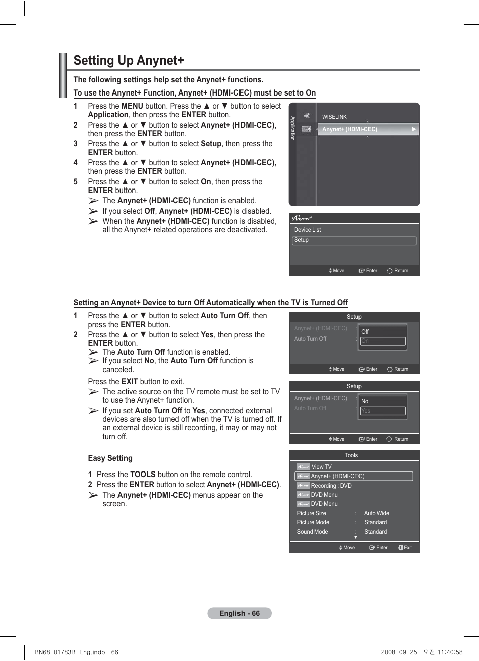 Setting up anynet | Samsung BN68-01783B-00 User Manual | Page 66 / 389