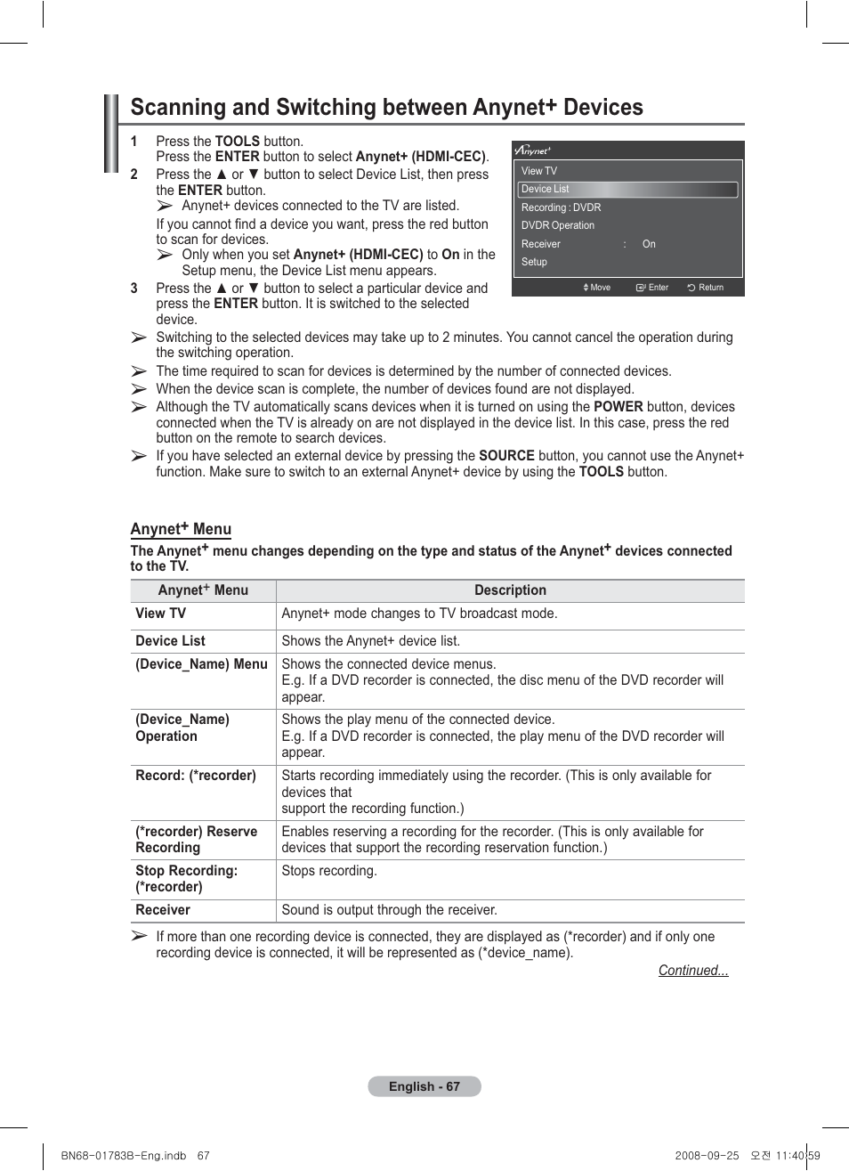 Scanning and switching between anynet+ devices | Samsung BN68-01783B-00 User Manual | Page 67 / 389