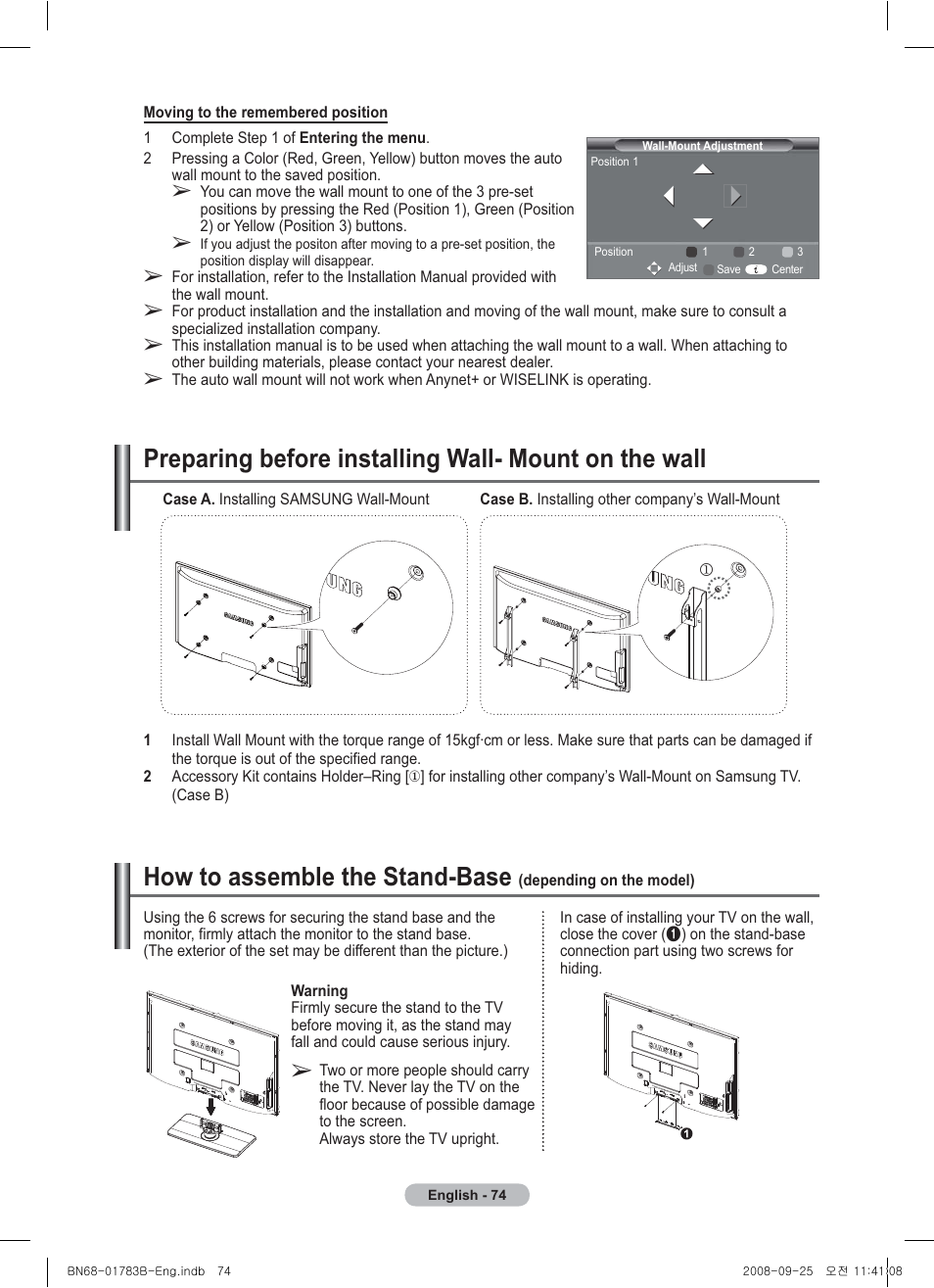 How to assemble the stand-base | Samsung BN68-01783B-00 User Manual | Page 74 / 389