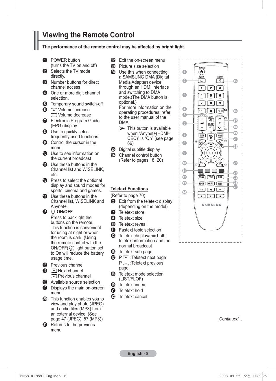 Viewing the remote control | Samsung BN68-01783B-00 User Manual | Page 8 / 389