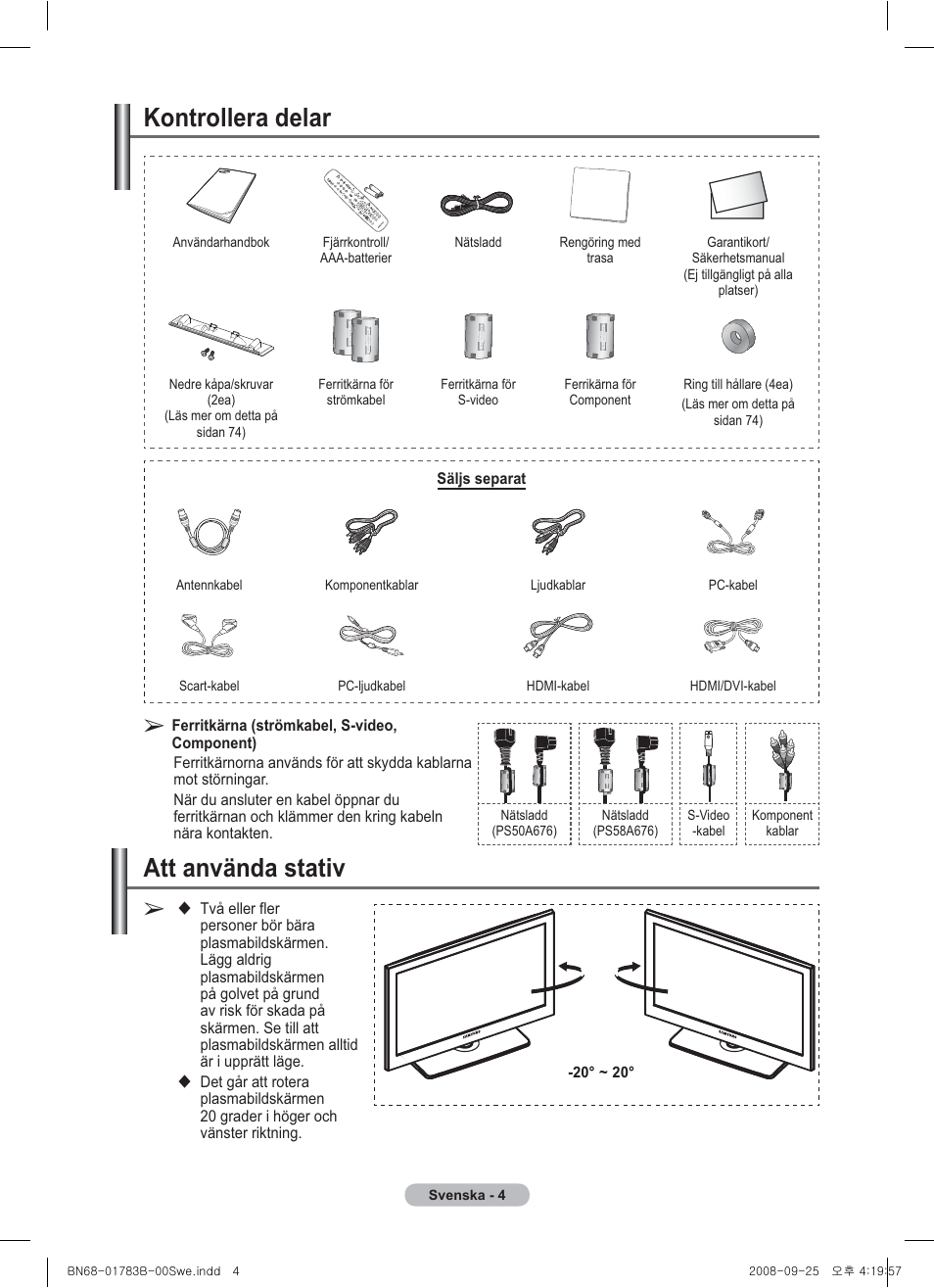 Att använda stativ, Kontrollera delar | Samsung BN68-01783B-00 User Manual | Page 84 / 389