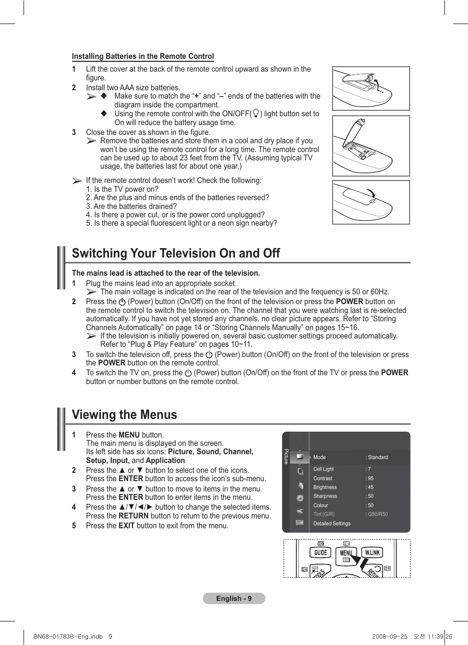 Switching your television on and off, Viewing the menus | Samsung BN68-01783B-00 User Manual | Page 9 / 389