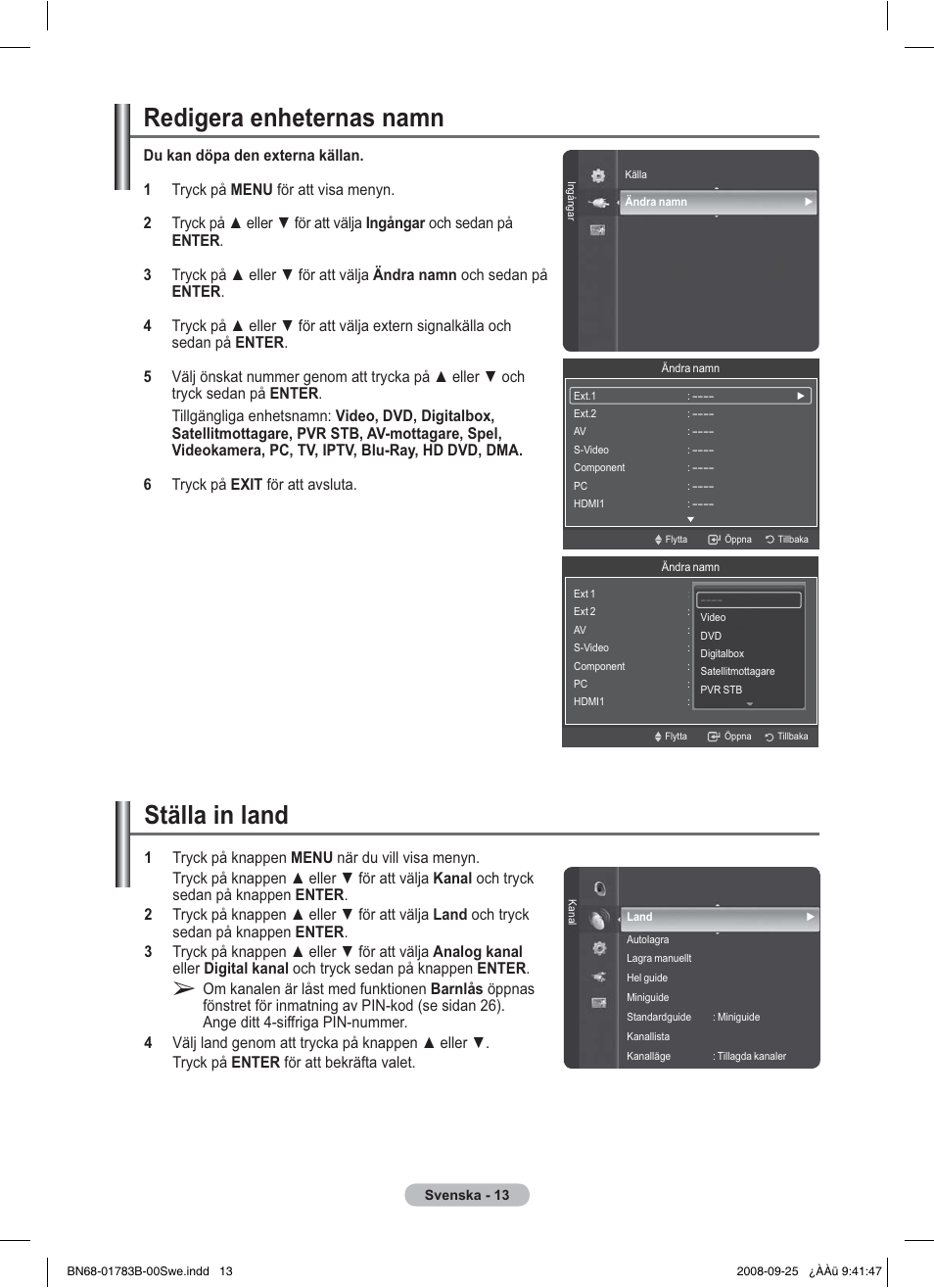 Redigera enheternas namn, Ställa in land | Samsung BN68-01783B-00 User Manual | Page 93 / 389