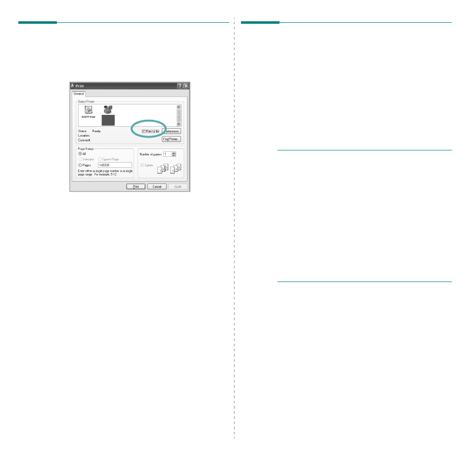 Printing to a file (prn), Printer settings, Printing to a file (prn) printer settings | Samsung SCX-4X26 User Manual | Page 107 / 139