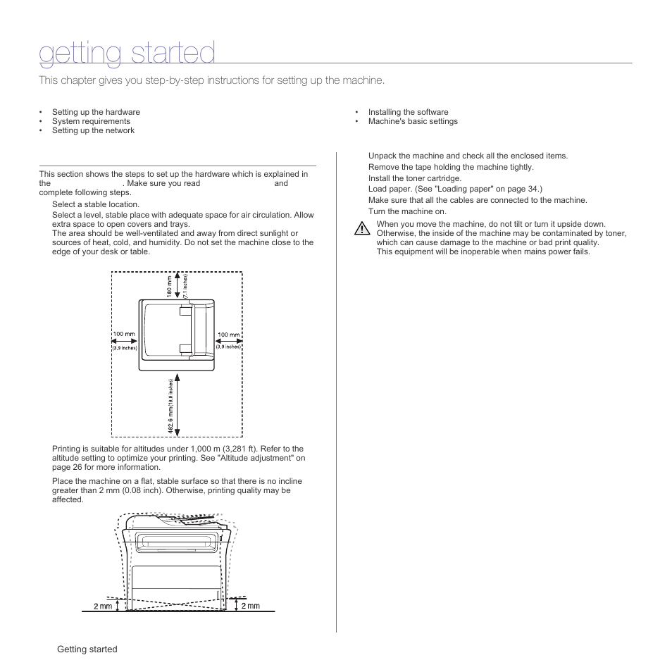 Getting started, Setting up the hardware | Samsung SCX-4X26 User Manual | Page 22 / 139