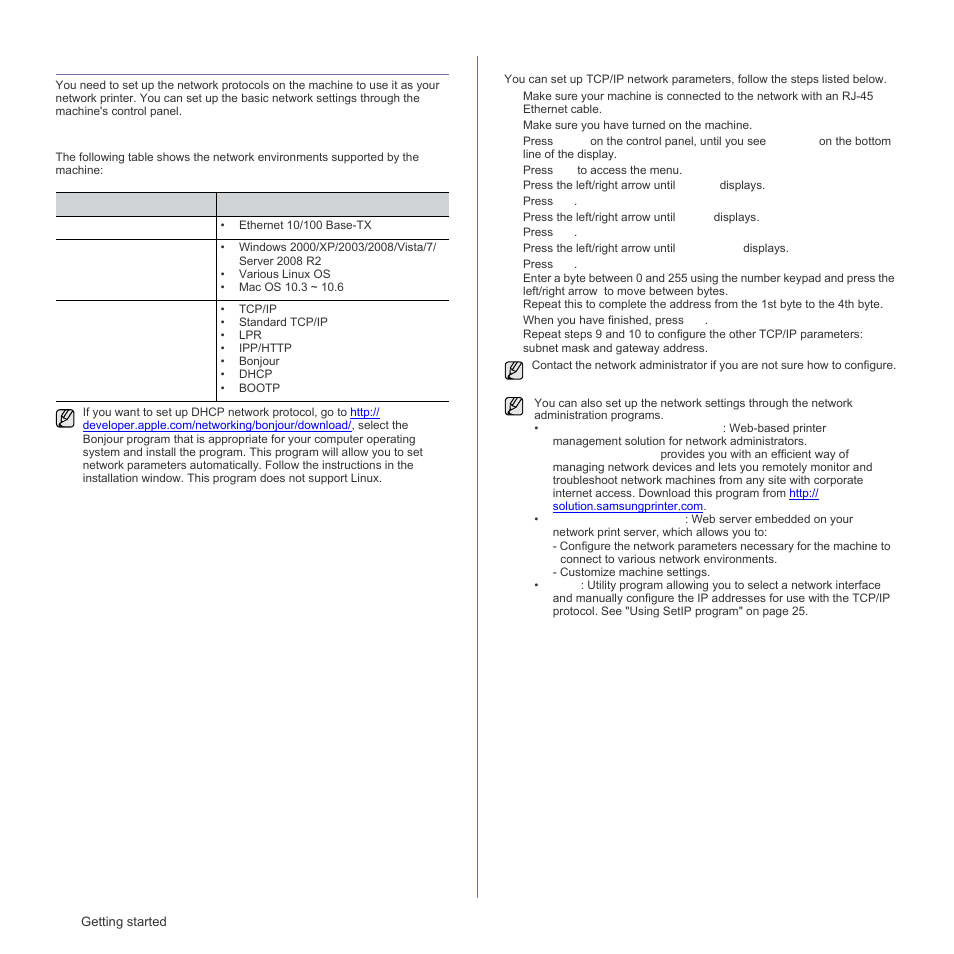 Setting up the network, Supported operating systems, Configuring network protocol via the machine | Samsung SCX-4X26 User Manual | Page 24 / 139