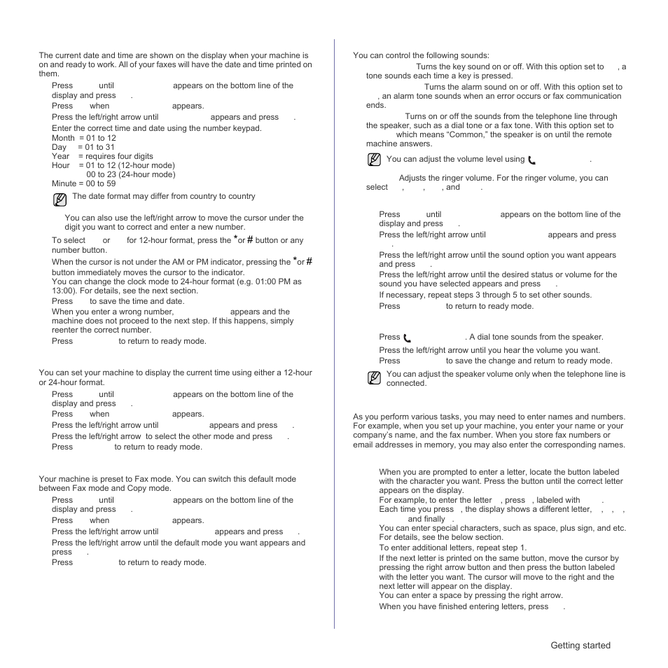 Setting the date and time, Changing the clock mode, Changing the default mode | Setting sounds, Entering characters using the number keypad | Samsung SCX-4X26 User Manual | Page 27 / 139