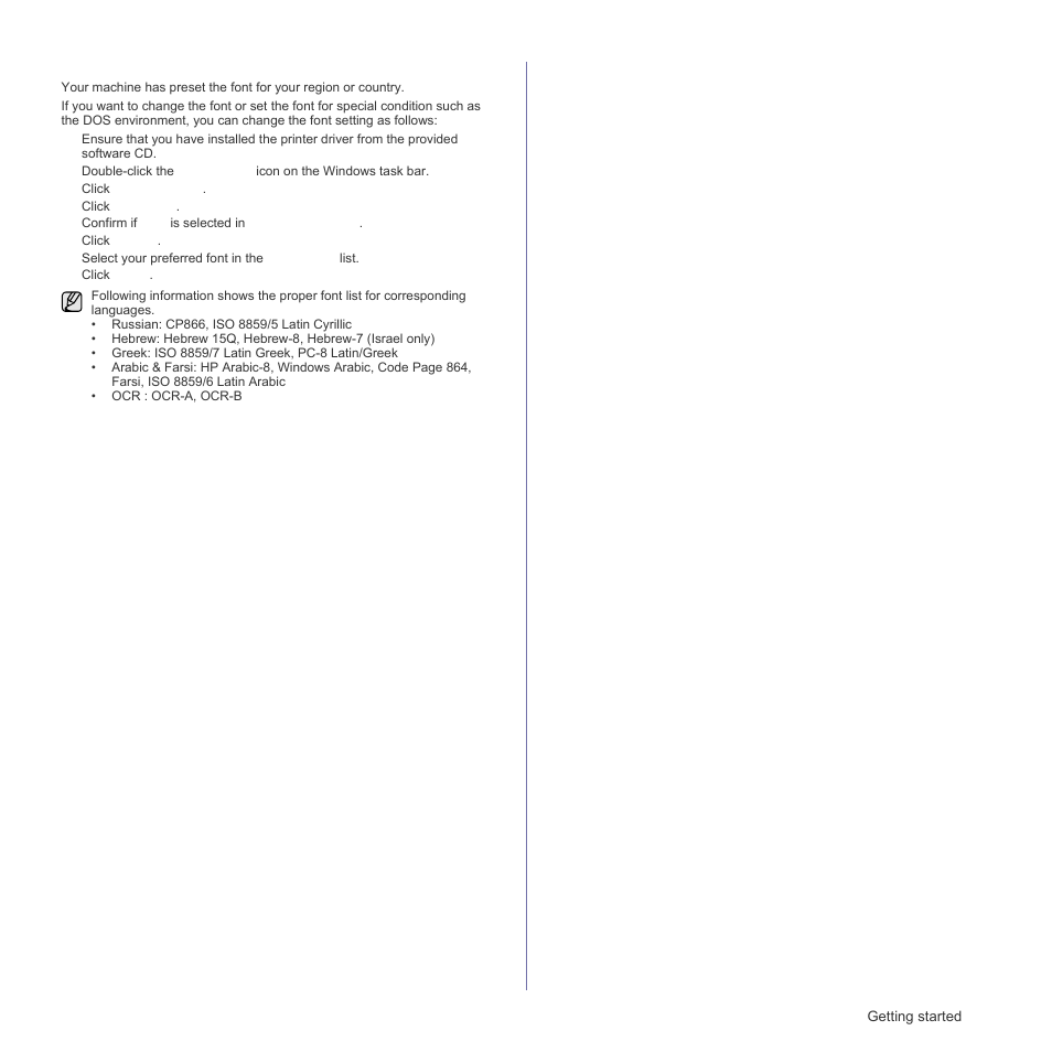 Changing the font setting | Samsung SCX-4X26 User Manual | Page 29 / 139