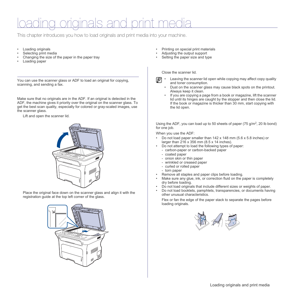 Loading originals and print media, Loading originals, On the scanner glass | In the adf | Samsung SCX-4X26 User Manual | Page 30 / 139