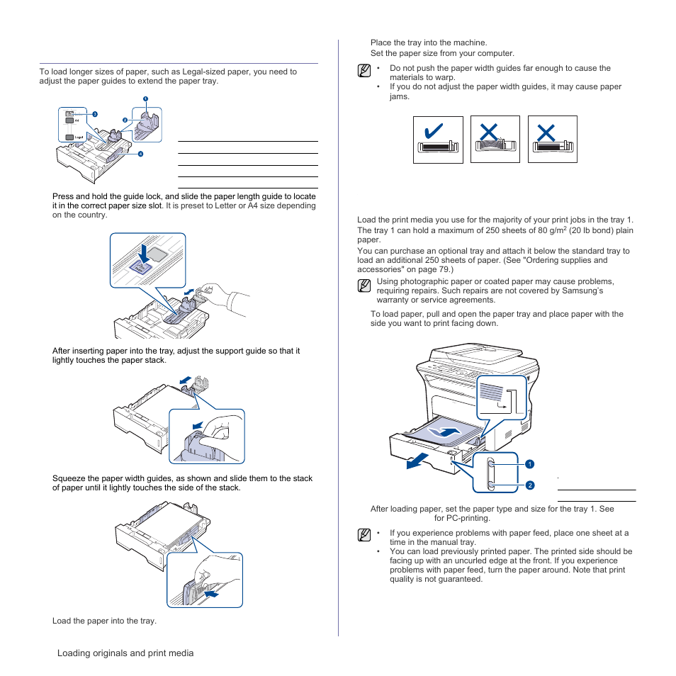 Changing the size of the paper in the paper tray, Loading paper, Loading paper in the tray 1 or optional tray | Samsung SCX-4X26 User Manual | Page 34 / 139