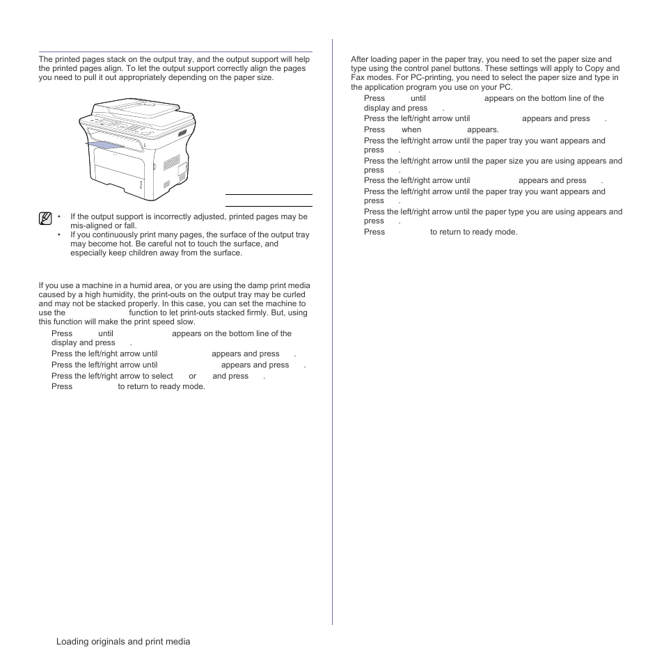 Adjusting the output support, Stacking papers firmly, Setting the paper size and type | Samsung SCX-4X26 User Manual | Page 36 / 139