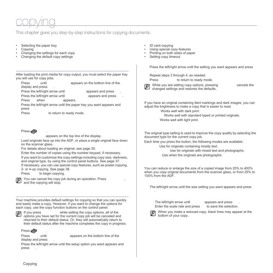 Copying, Selecting the paper tray, Changing the settings for each copy | Darkness, Original type, Reduced or enlarged copy | Samsung SCX-4X26 User Manual | Page 37 / 139