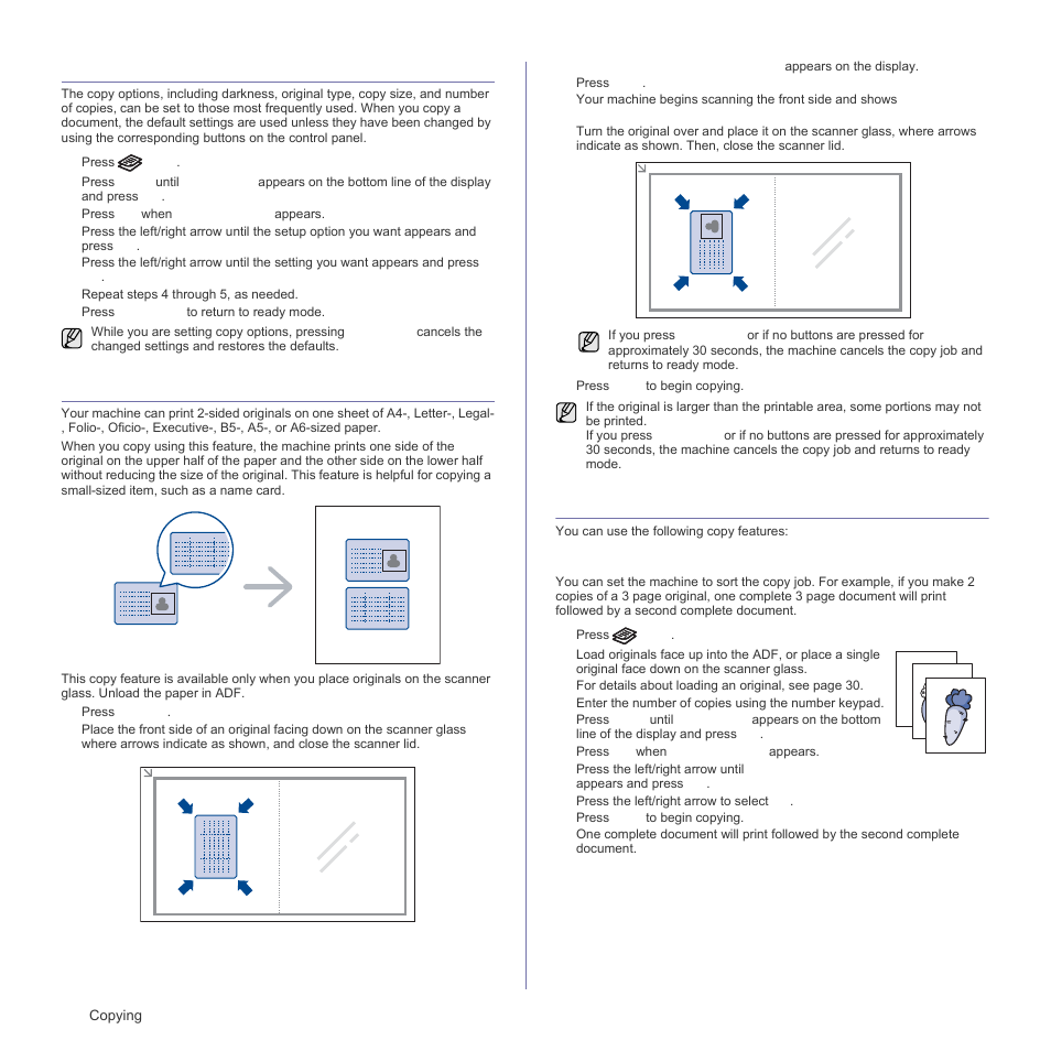 Changing the default copy settings, Id card copying, Using special copy features | Collation, Age 38 | Samsung SCX-4X26 User Manual | Page 38 / 139