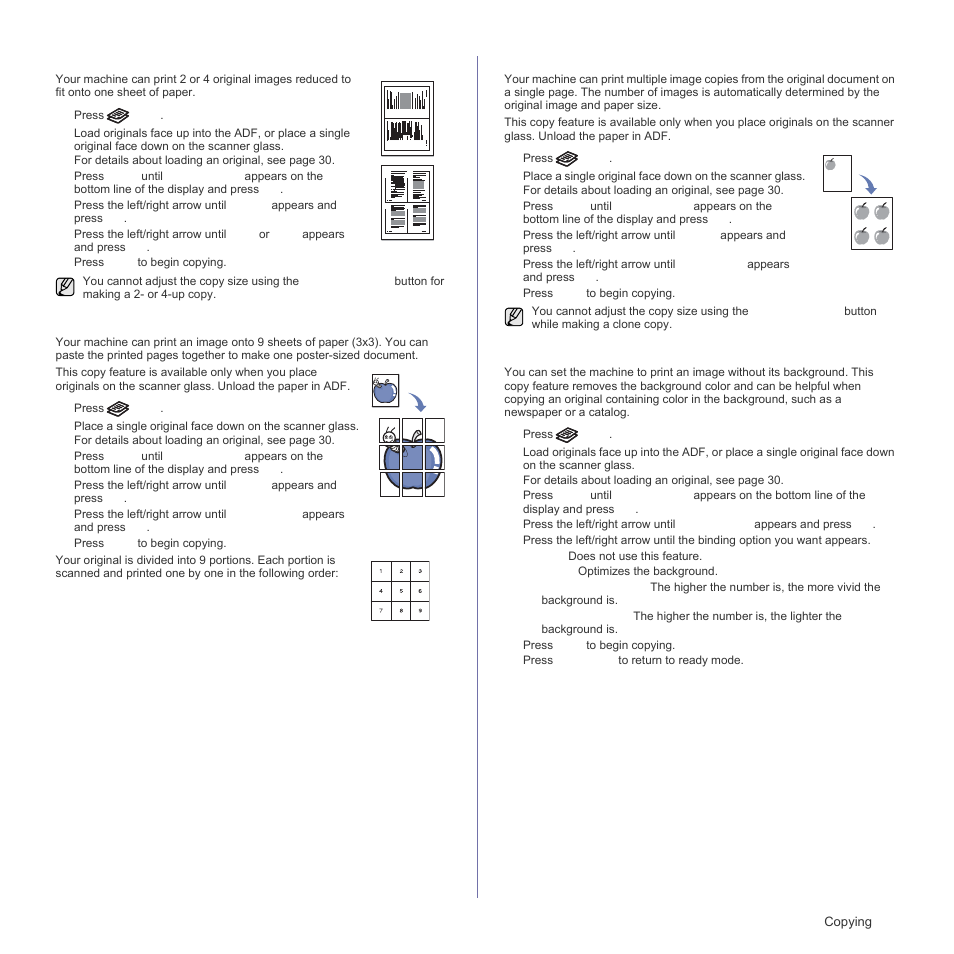 Up or 4-up copying, Poster copying, Clone copying | Adjusting background images | Samsung SCX-4X26 User Manual | Page 39 / 139