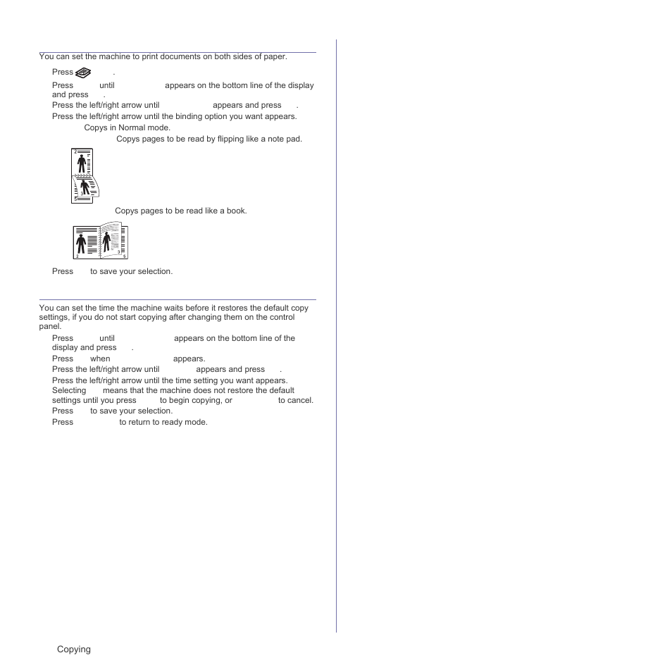 Printing on both sides of paper, Setting copy timeout | Samsung SCX-4X26 User Manual | Page 40 / 139